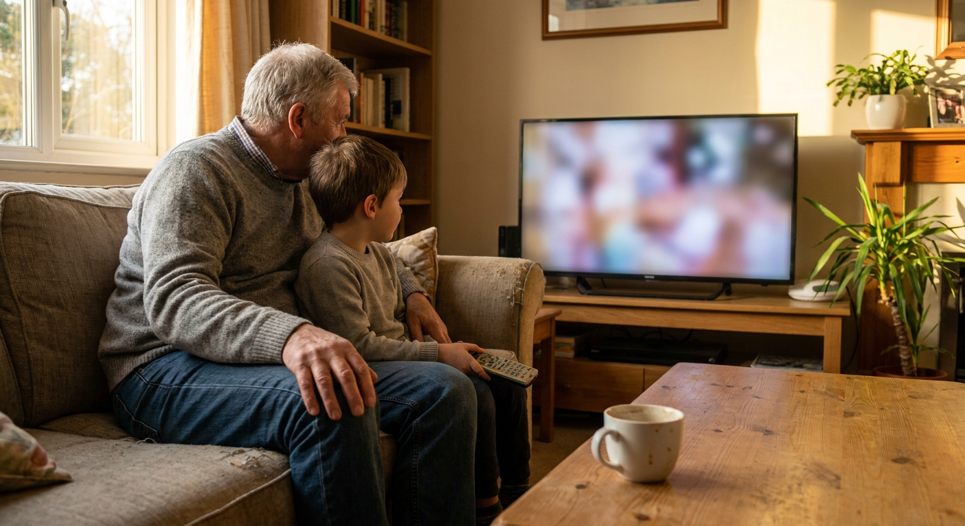 A candid editorial photograph of people watching TV at home, mood loosely