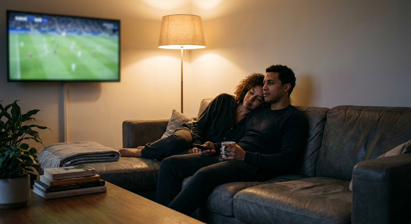 A candid editorial photograph of people watching TV at home, mood loosely