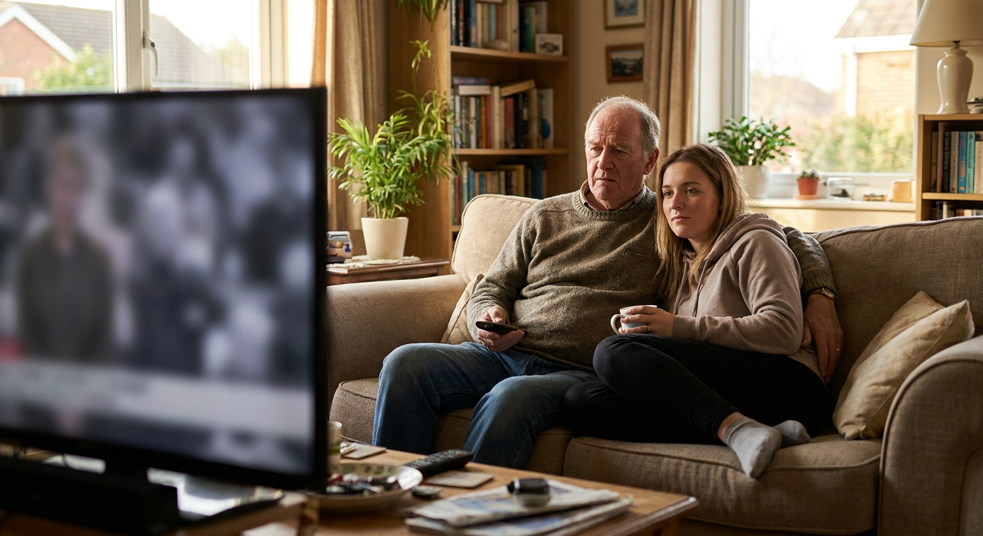 A candid editorial photograph of people watching TV at home, mood loosely