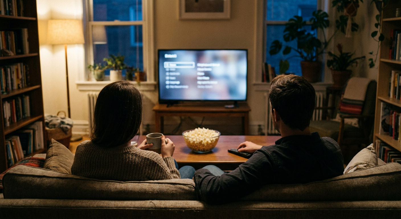 A candid editorial photograph of people watching TV at home, mood loosely