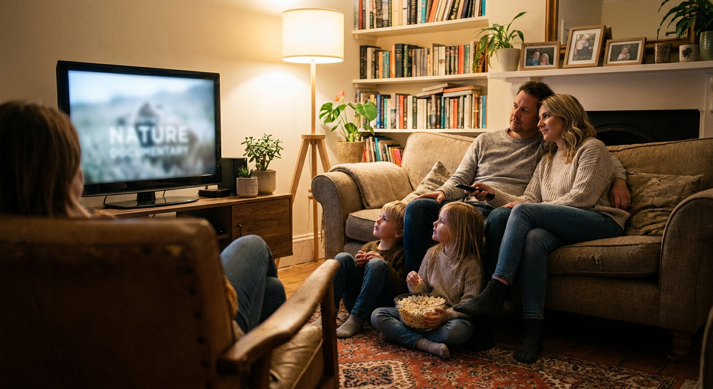 A candid editorial photograph of people watching TV at home, mood loosely