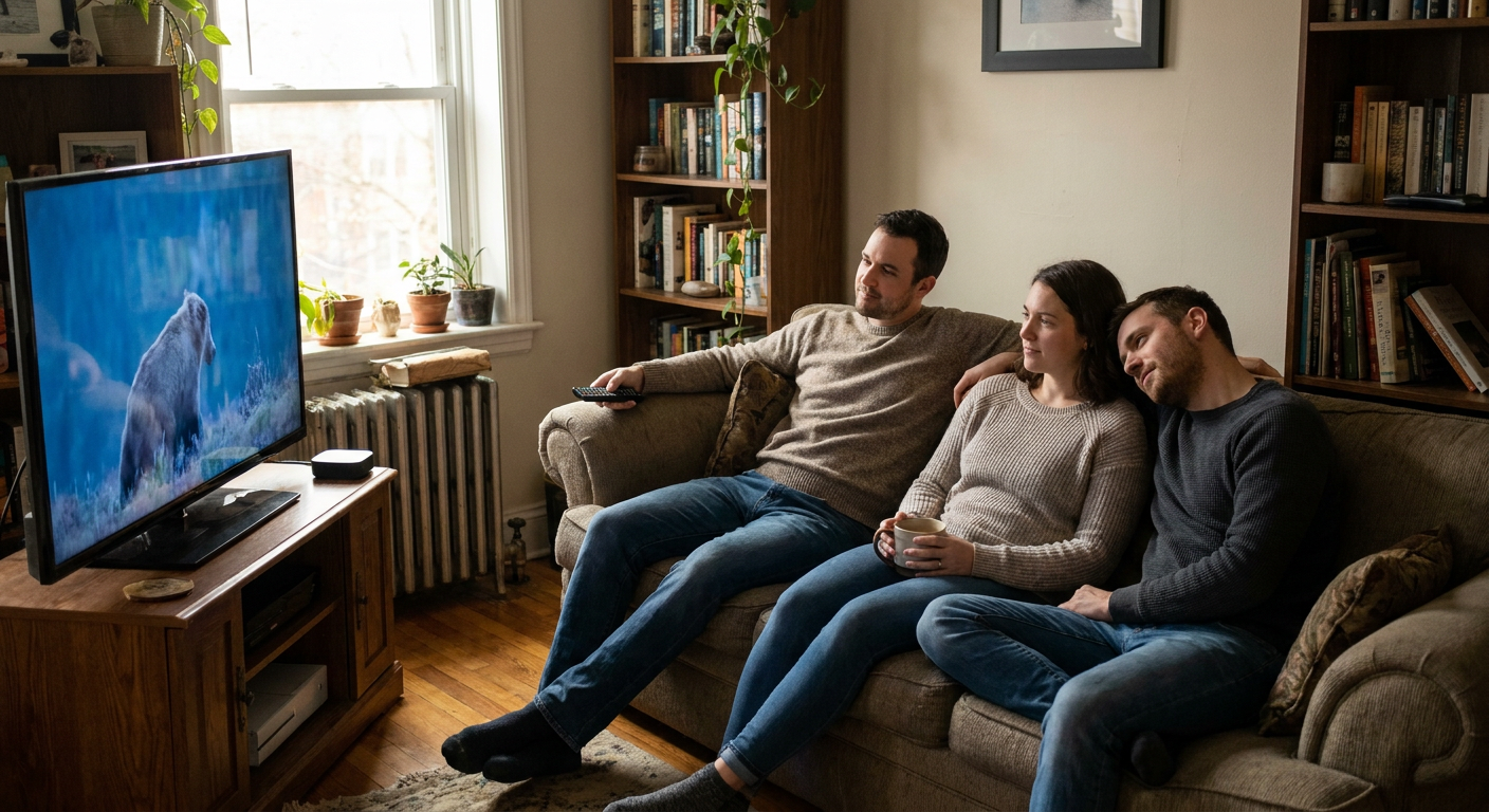 A candid editorial photograph of people watching TV at home, mood loosely