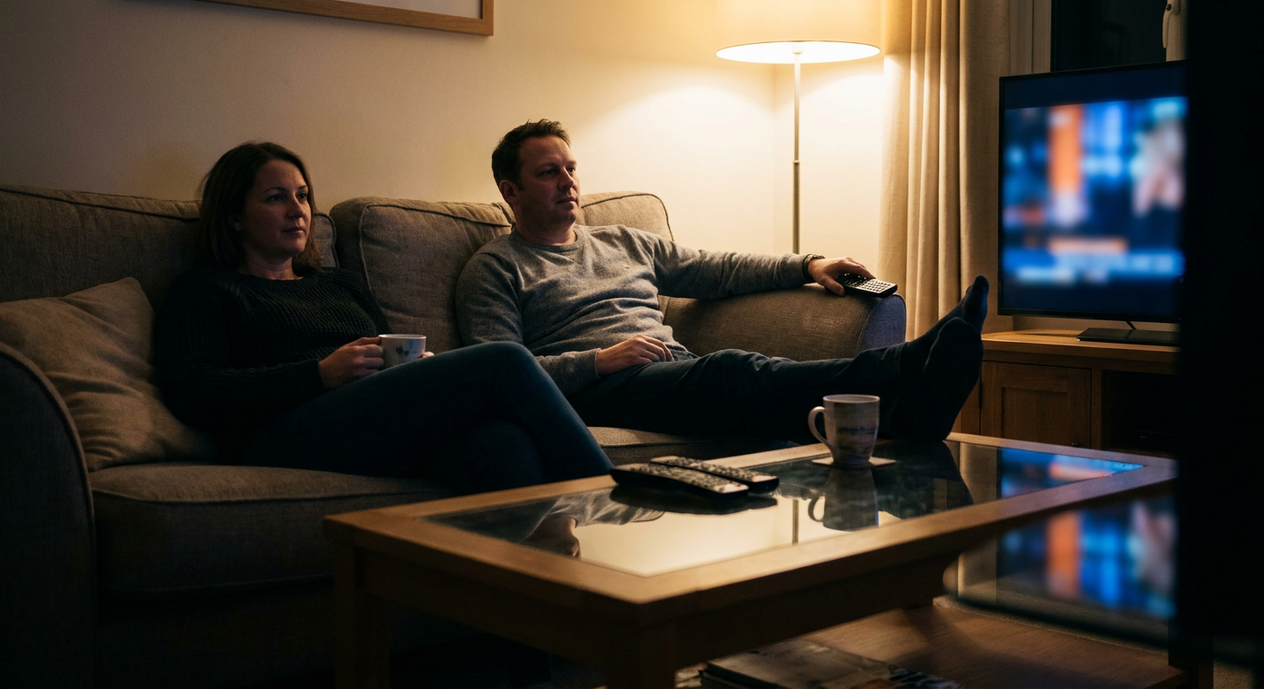 A candid editorial photograph of people watching TV at home, mood loosely