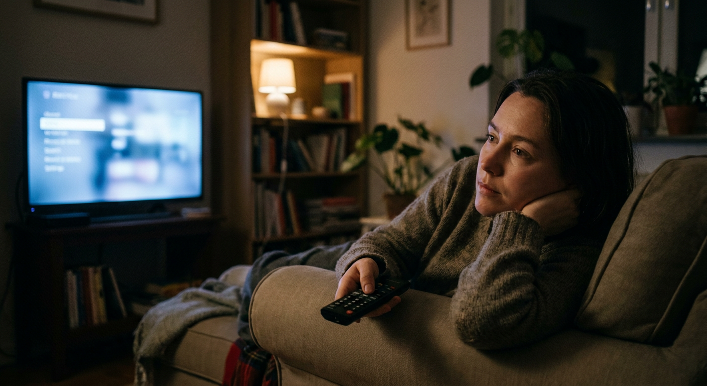 A candid editorial photograph of people watching TV at home, mood loosely
