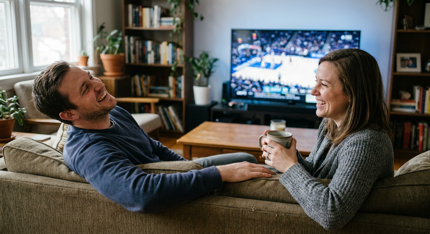 A candid editorial photograph of people watching TV at home, mood loosely