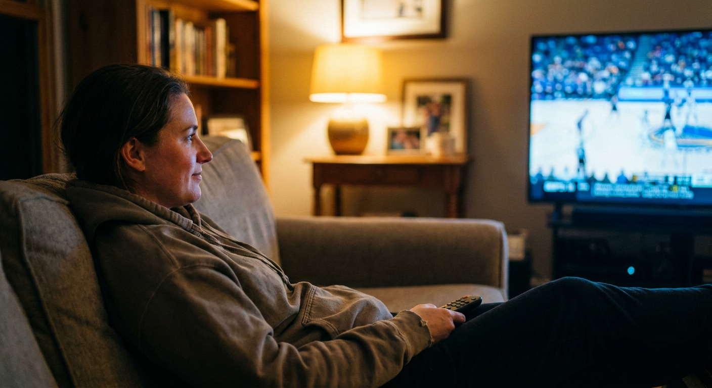 A candid editorial photograph of people watching TV at home, mood loosely