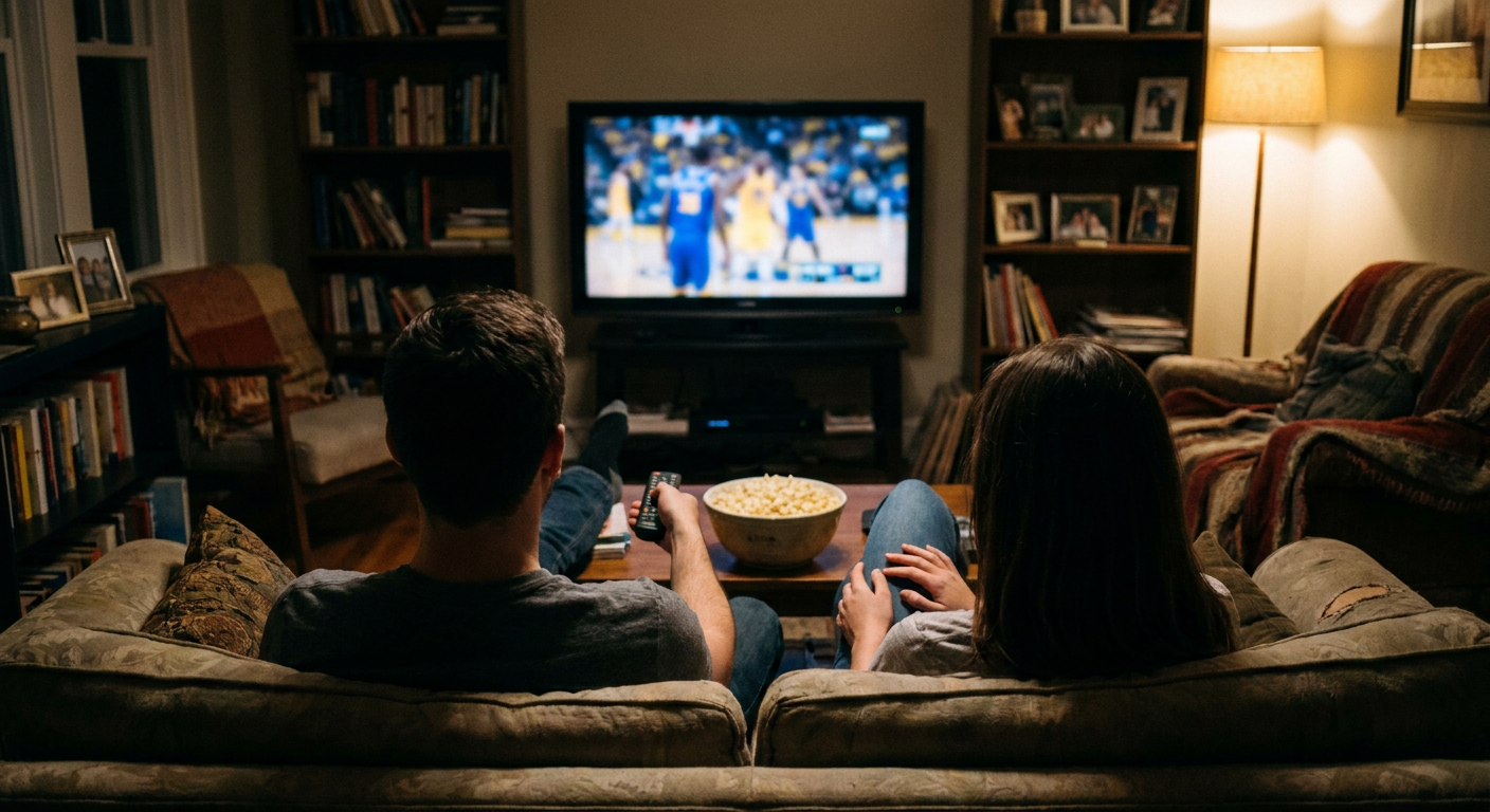 A candid editorial photograph of people watching TV at home, mood loosely