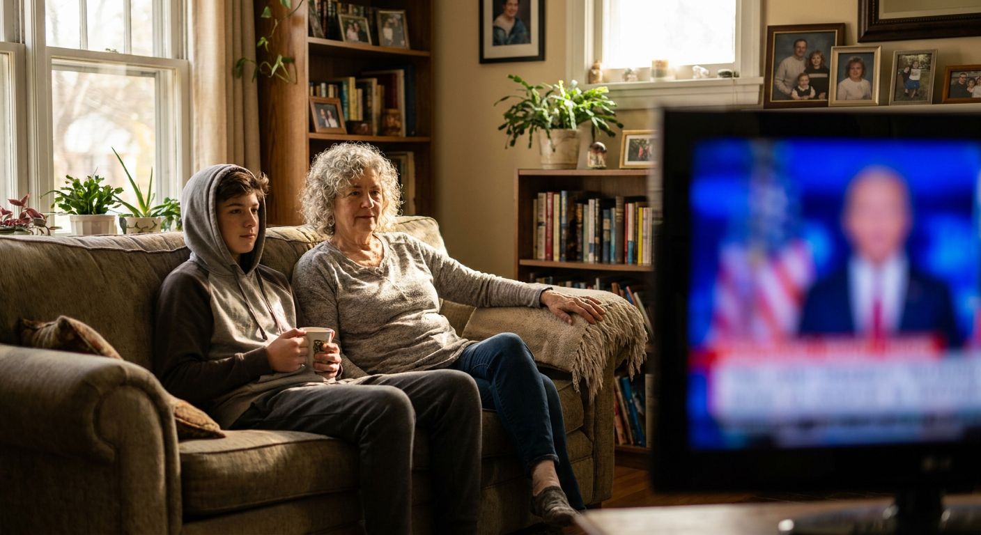 A candid editorial photograph of people watching TV at home, mood loosely