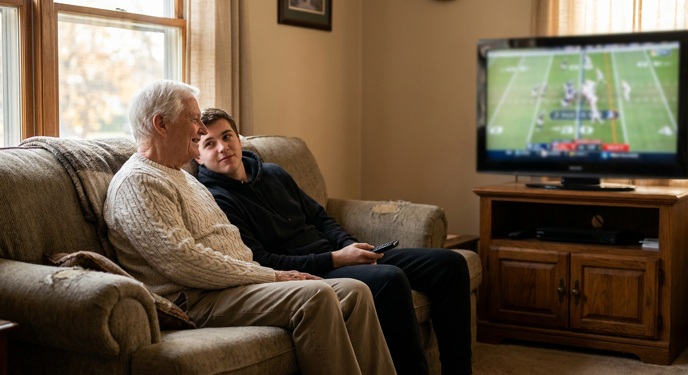 A candid editorial photograph of people watching TV at home, mood loosely