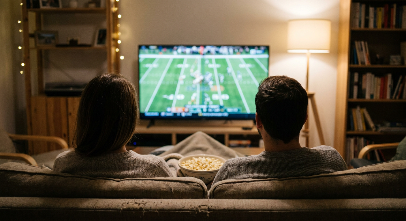 A candid editorial photograph of people watching TV at home, mood loosely