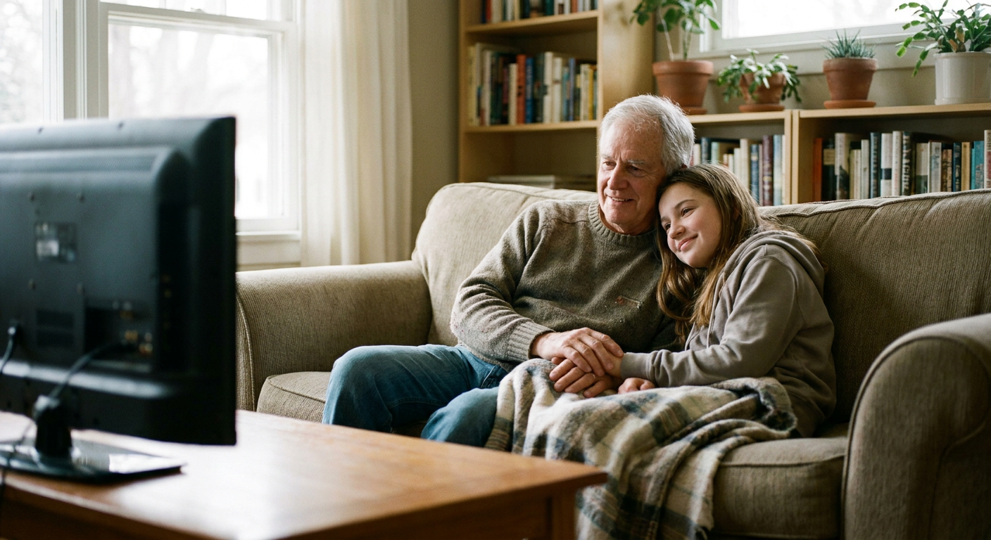 A candid editorial photograph of people watching TV at home, mood loosely