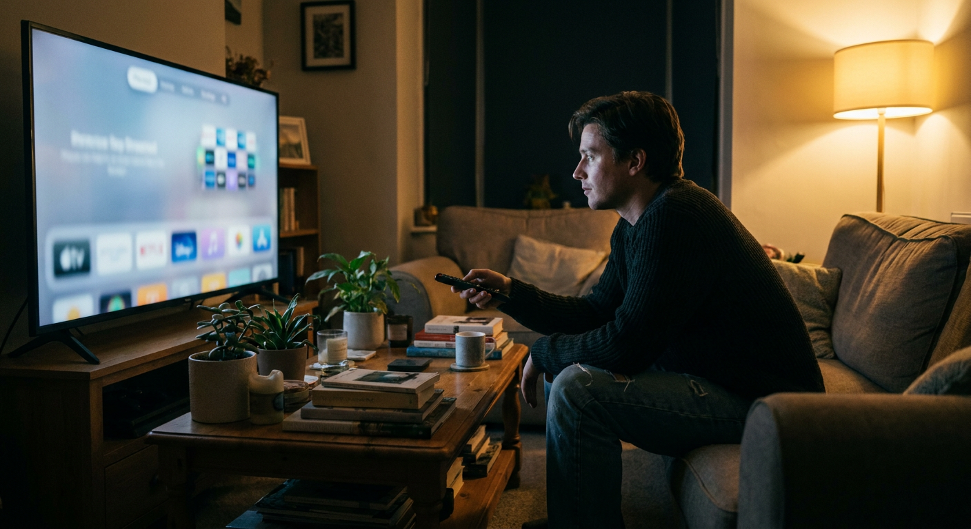 A candid editorial photograph of people watching TV at home, mood loosely