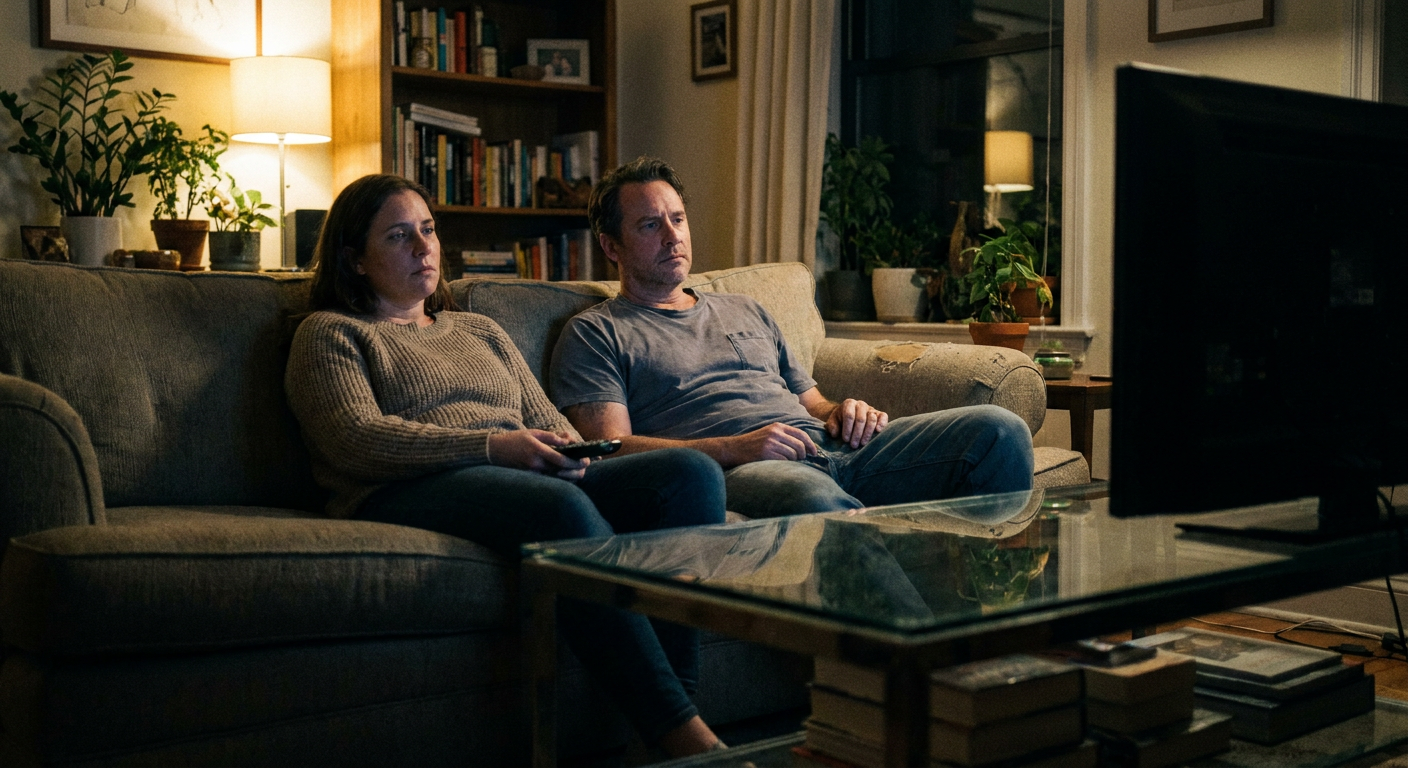 A candid editorial photograph of people watching TV at home, mood loosely