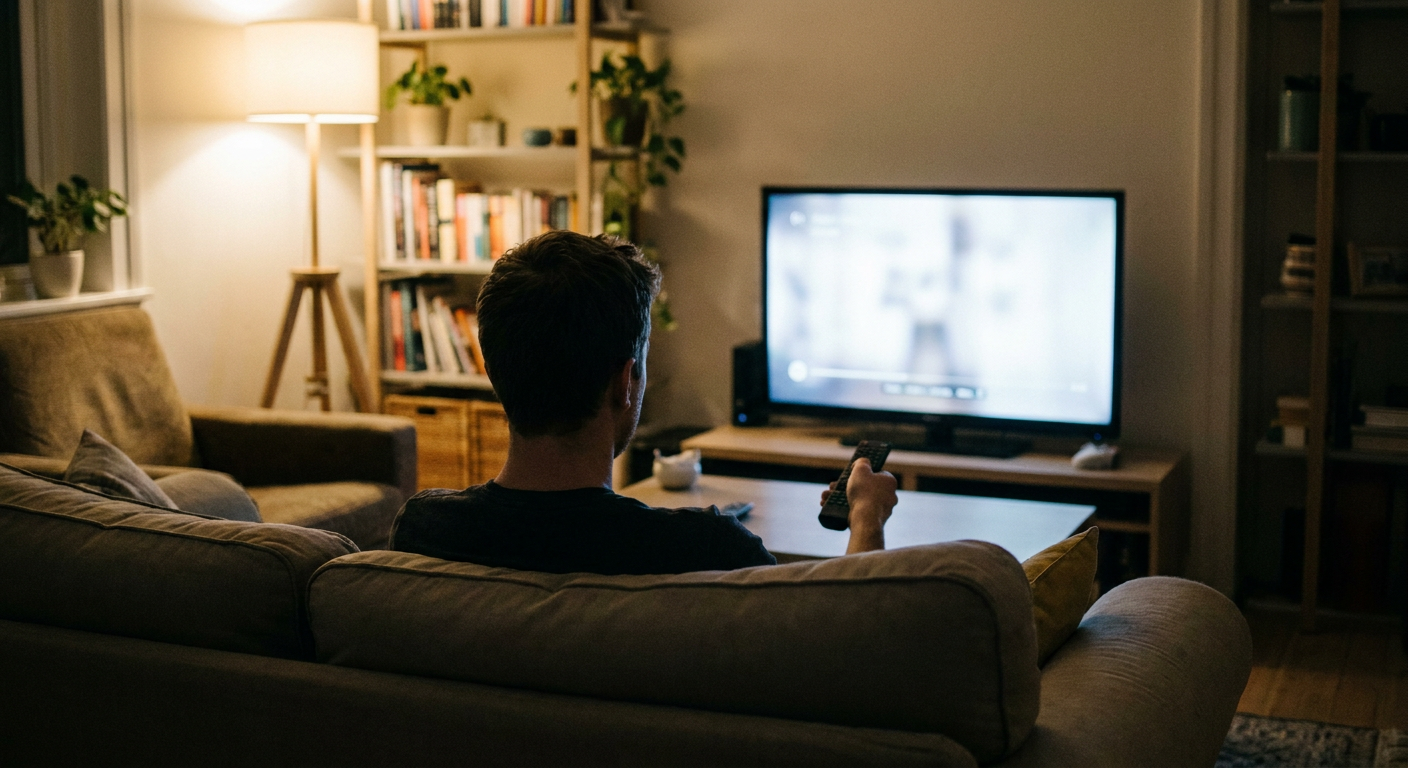 A candid editorial photograph of people watching TV at home, mood loosely