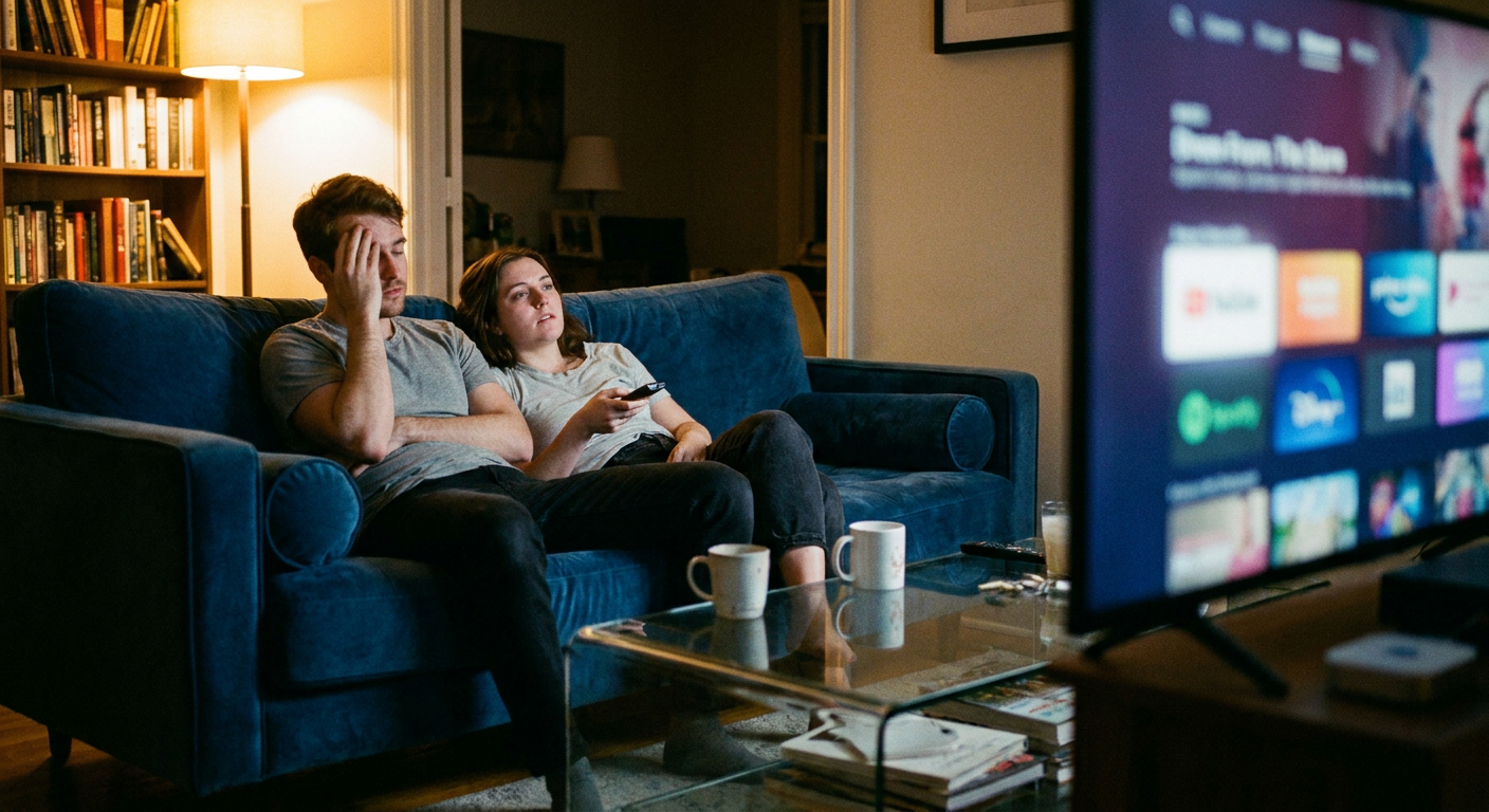 A candid editorial photograph of people watching TV at home, mood loosely