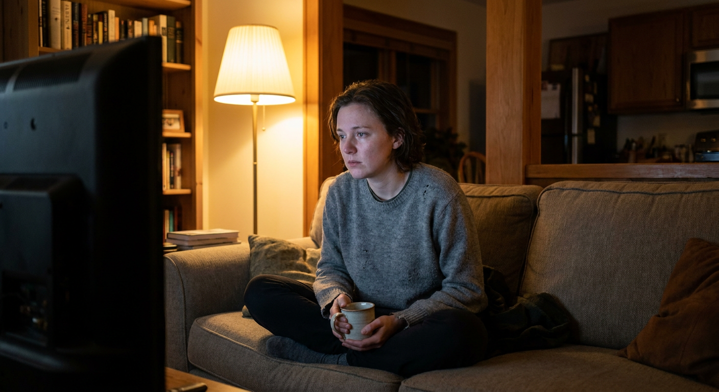 A candid editorial photograph of people watching TV at home, mood loosely