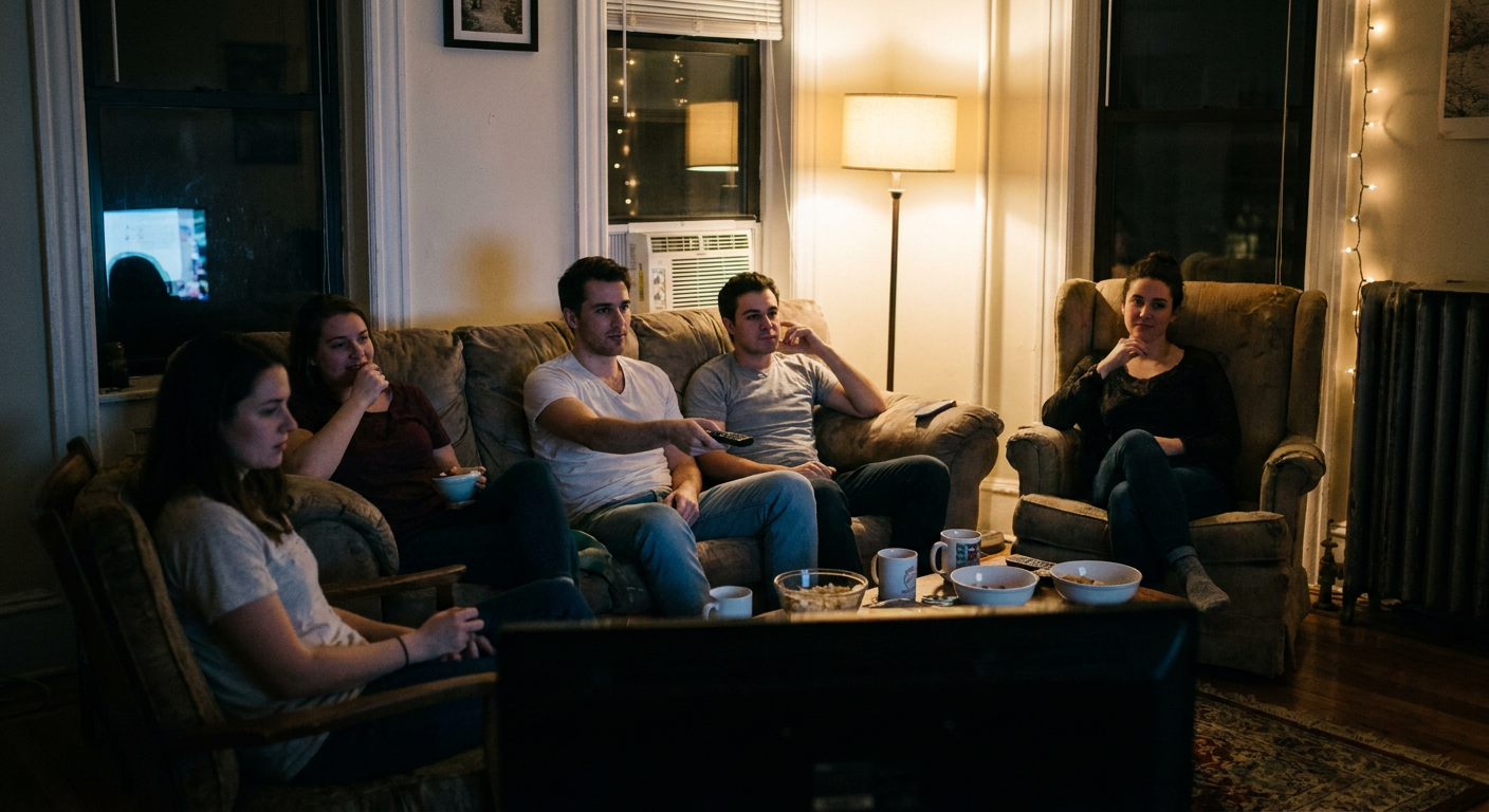 A candid editorial photograph of people watching TV at home, mood loosely