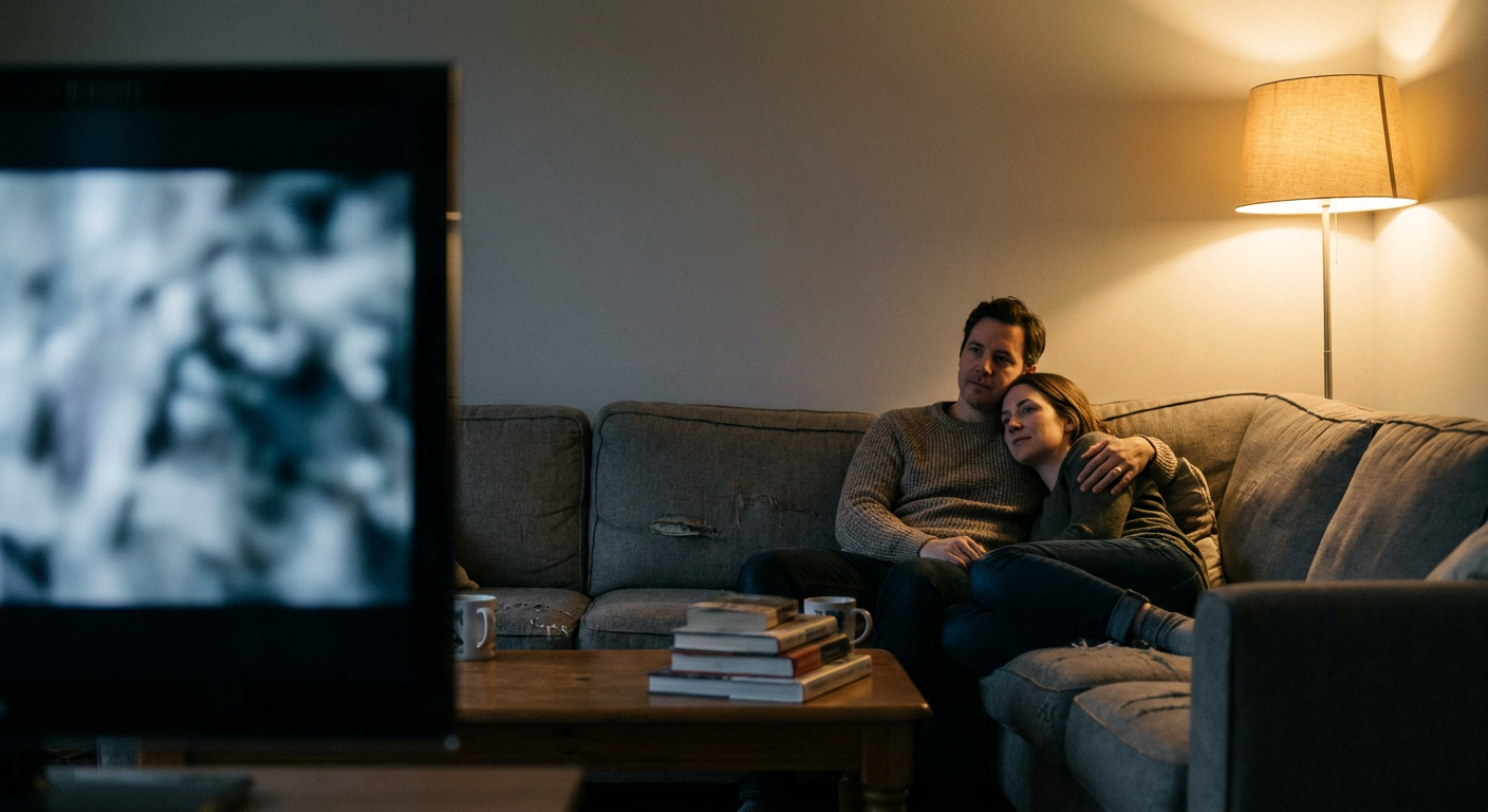 A candid editorial photograph of people watching TV at home, mood loosely