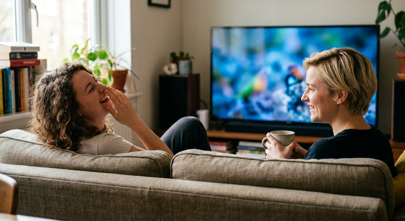 A candid editorial photograph of people watching TV at home, mood loosely