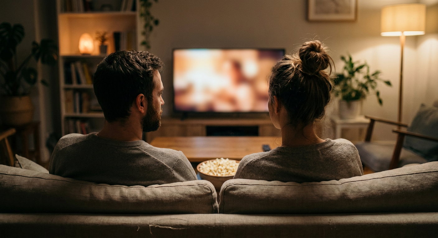 A candid editorial photograph of people watching TV at home, mood loosely