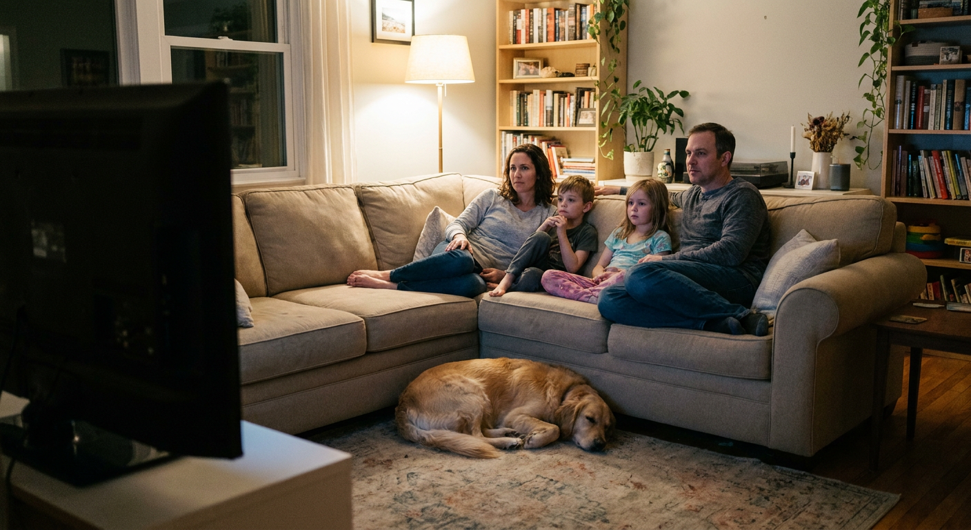 A candid editorial photograph of people watching TV at home, mood loosely