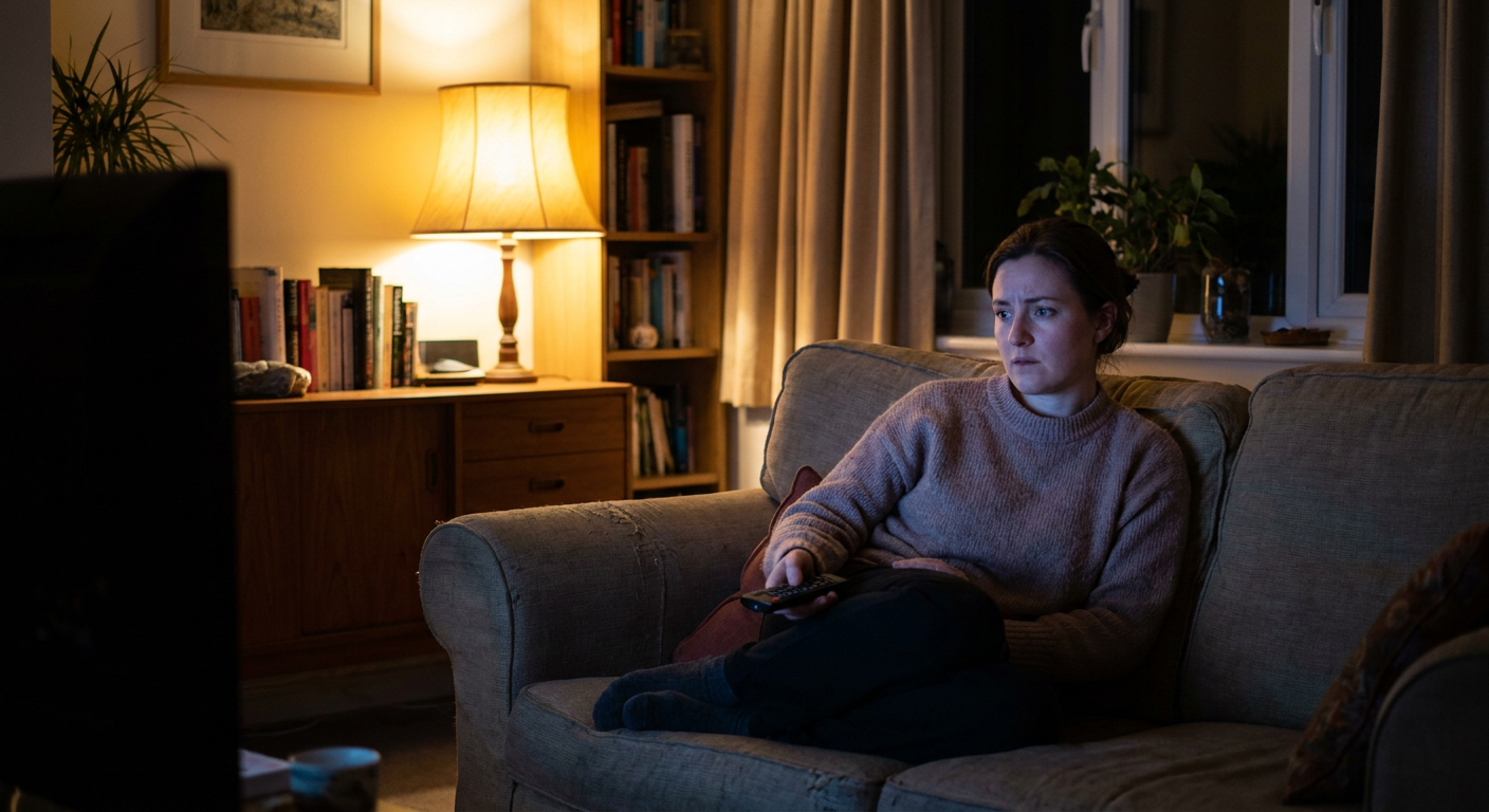 A candid editorial photograph of people watching TV at home, mood loosely