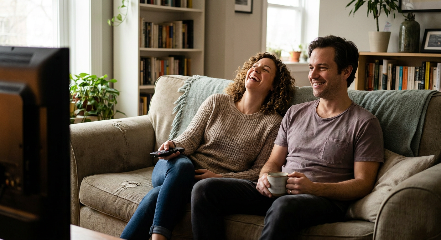 A candid editorial photograph of people watching TV at home, mood loosely