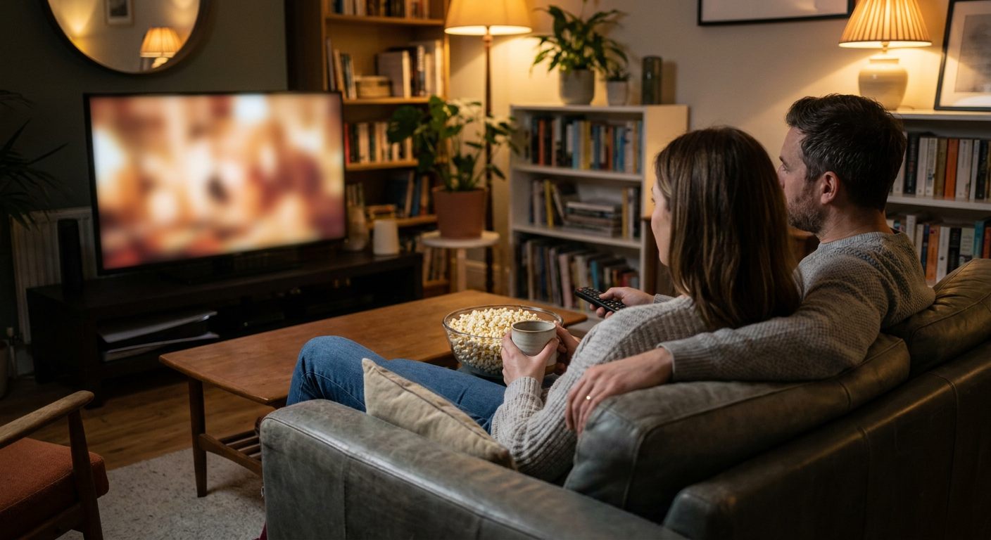 A candid editorial photograph of people watching TV at home, mood loosely