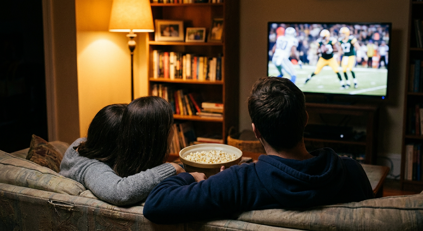 A candid editorial photograph of people watching TV at home, mood loosely