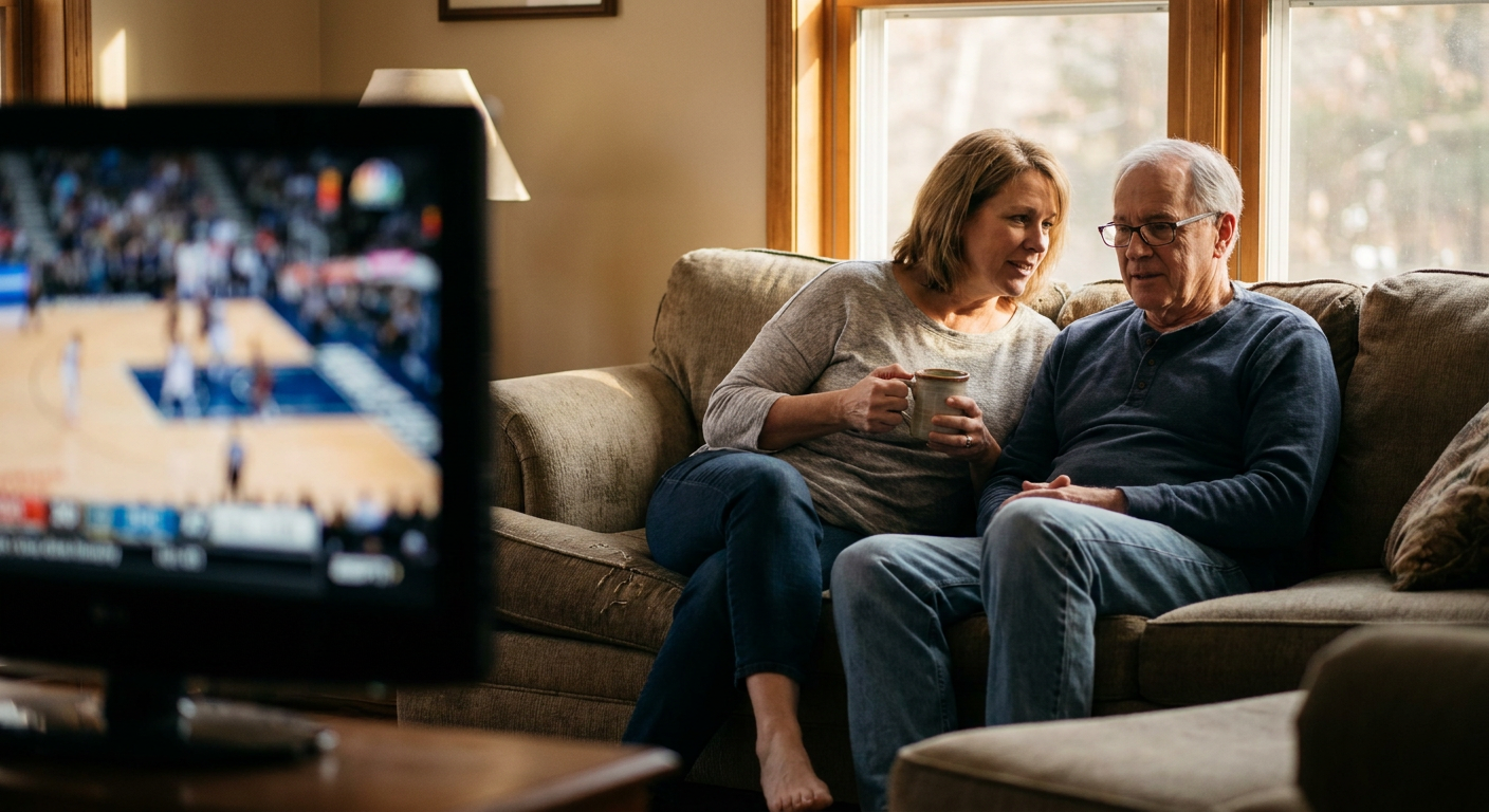 A candid editorial photograph of people watching TV at home, mood loosely