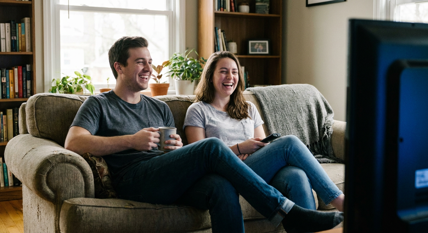 A candid editorial photograph of people watching TV at home, mood loosely