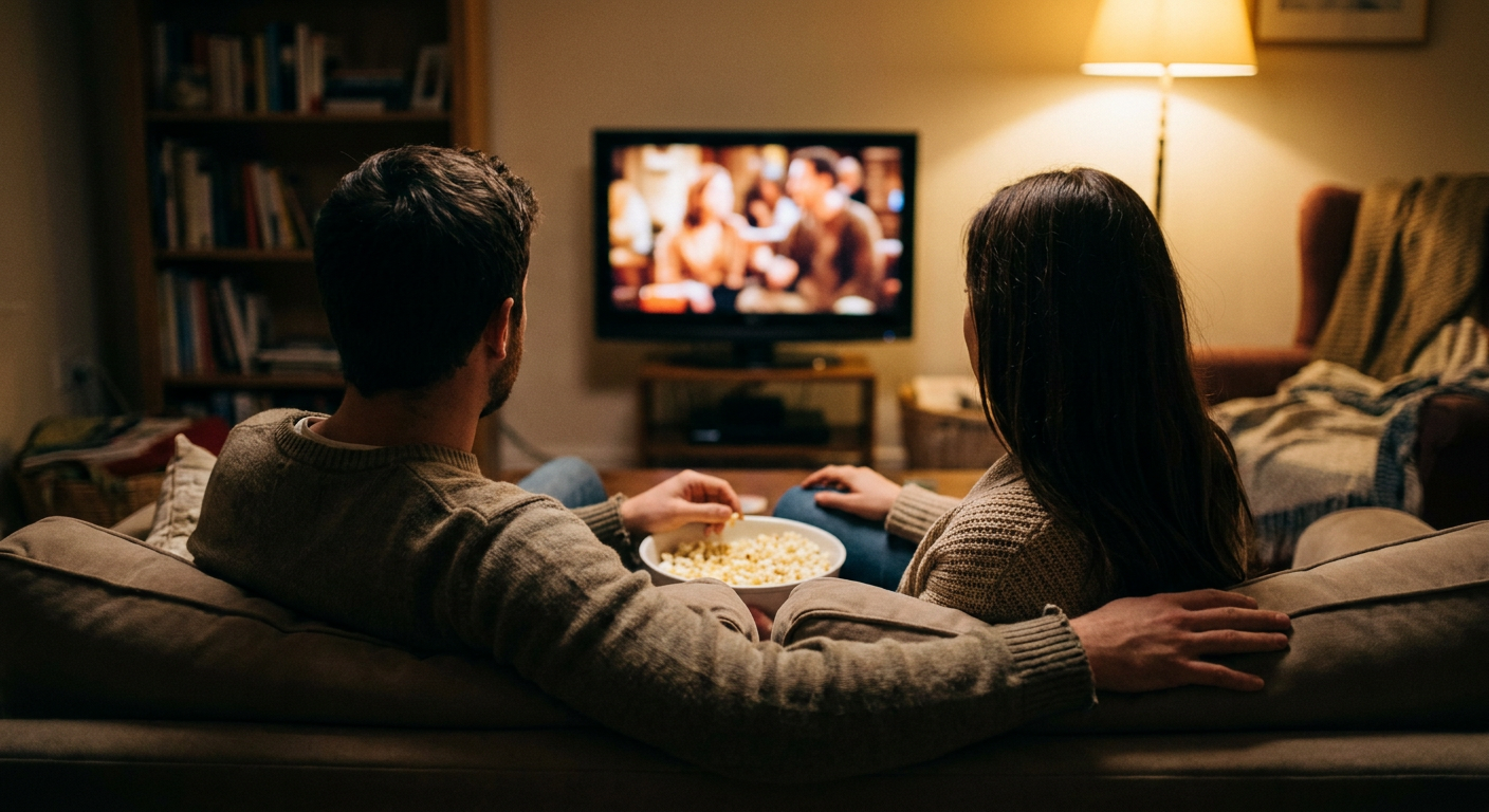 A candid editorial photograph of people watching TV at home, mood loosely