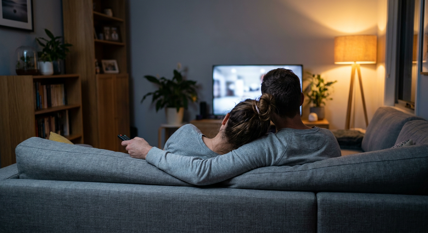 A candid editorial photograph of people watching TV at home, mood loosely