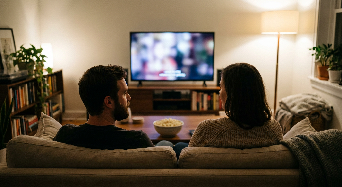 A candid editorial photograph of people watching TV at home, mood loosely