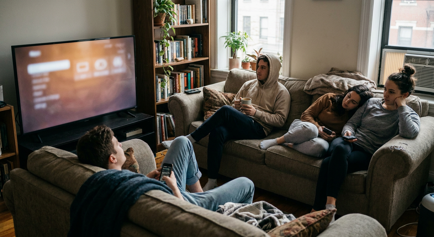A candid editorial photograph of people watching TV at home, mood loosely