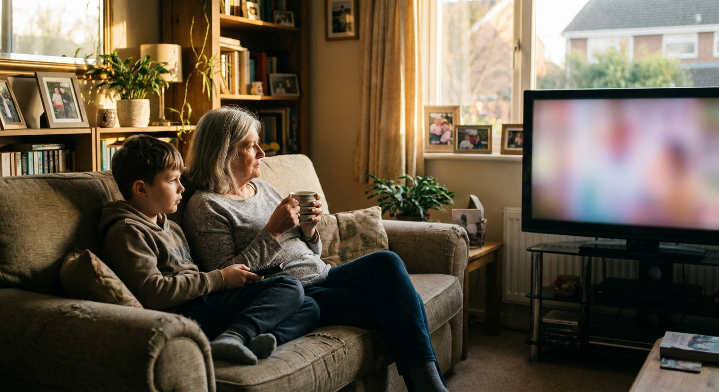 A candid editorial photograph of people watching TV at home, mood loosely