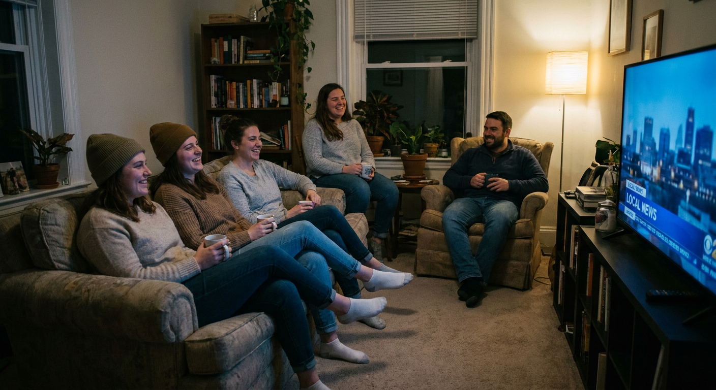A candid editorial photograph of people watching TV at home, mood loosely