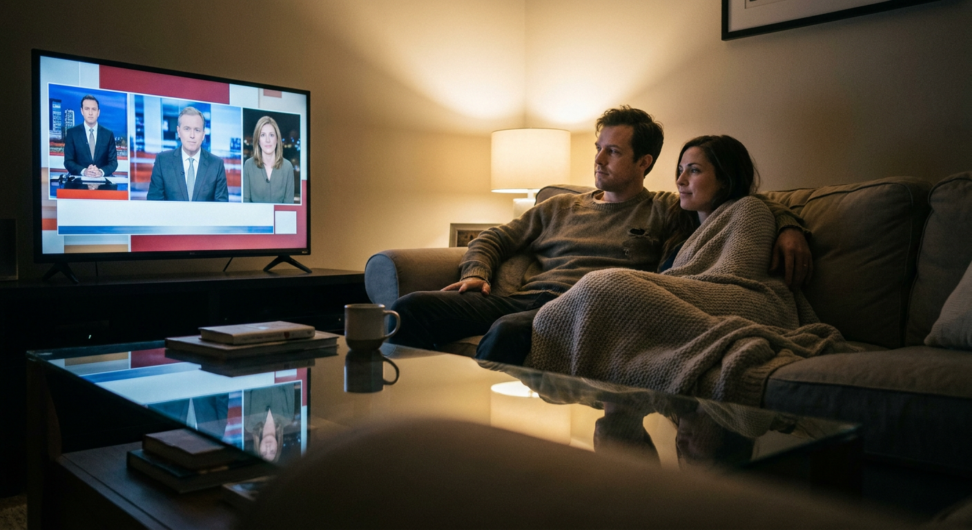 A candid editorial photograph of people watching TV at home, mood loosely