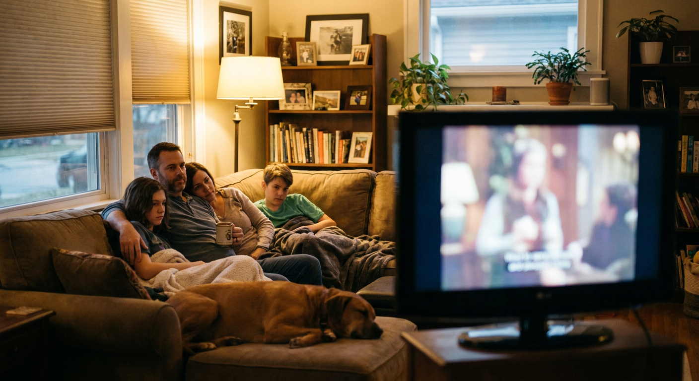 A candid editorial photograph of people watching TV at home, mood loosely