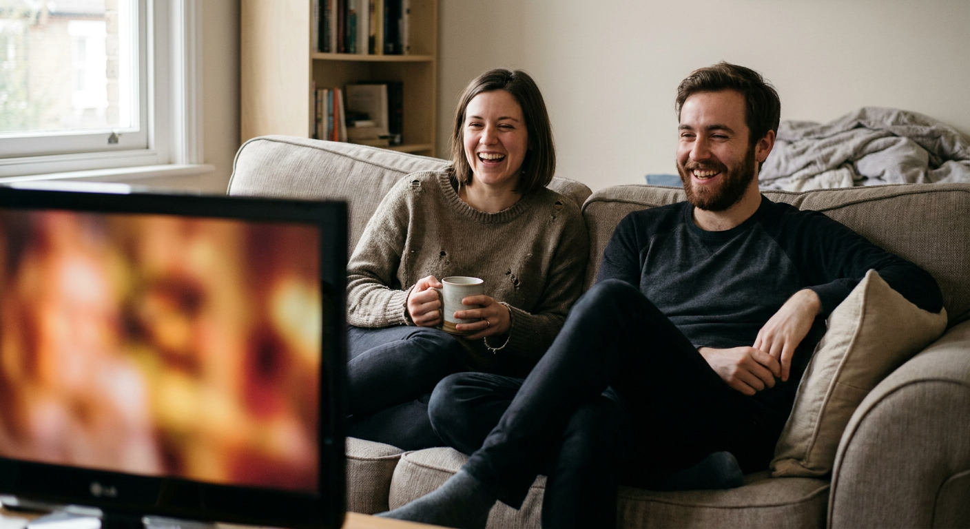 A candid editorial photograph of people watching TV at home, mood loosely