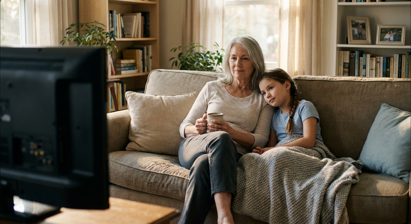 A candid editorial photograph of people watching TV at home, mood loosely