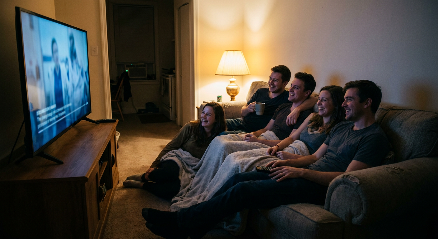 A candid editorial photograph of people watching TV at home, mood loosely