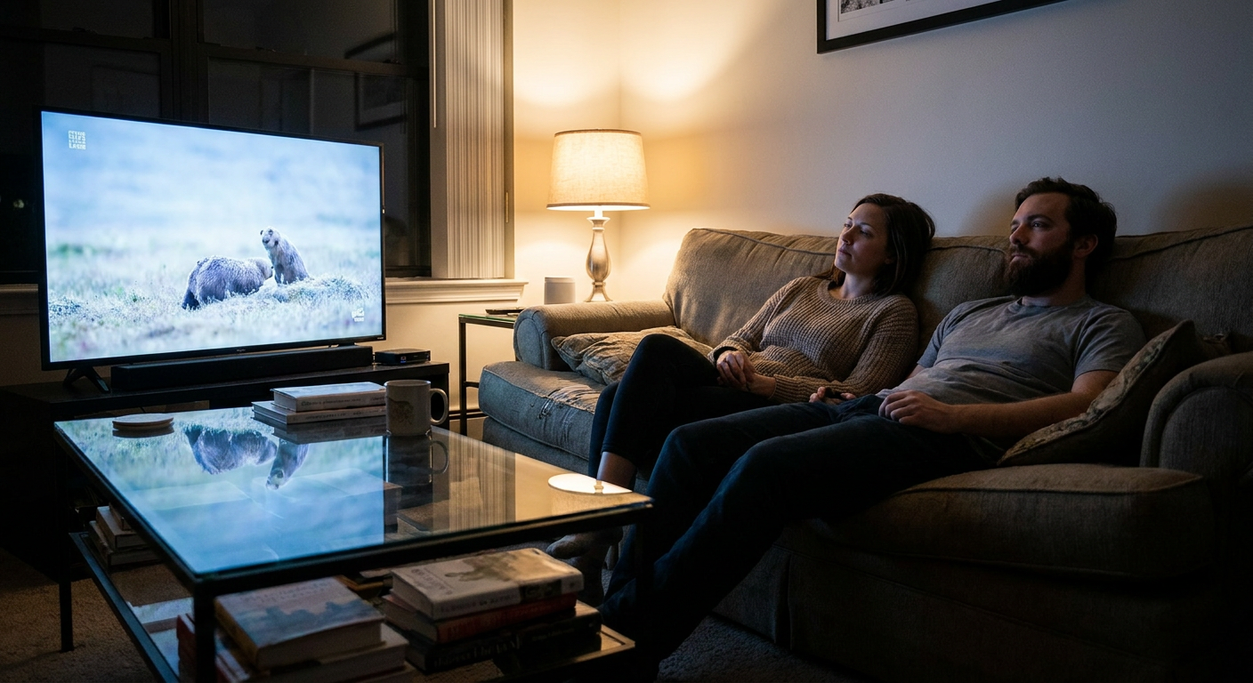 A candid editorial photograph of people watching TV at home, mood loosely