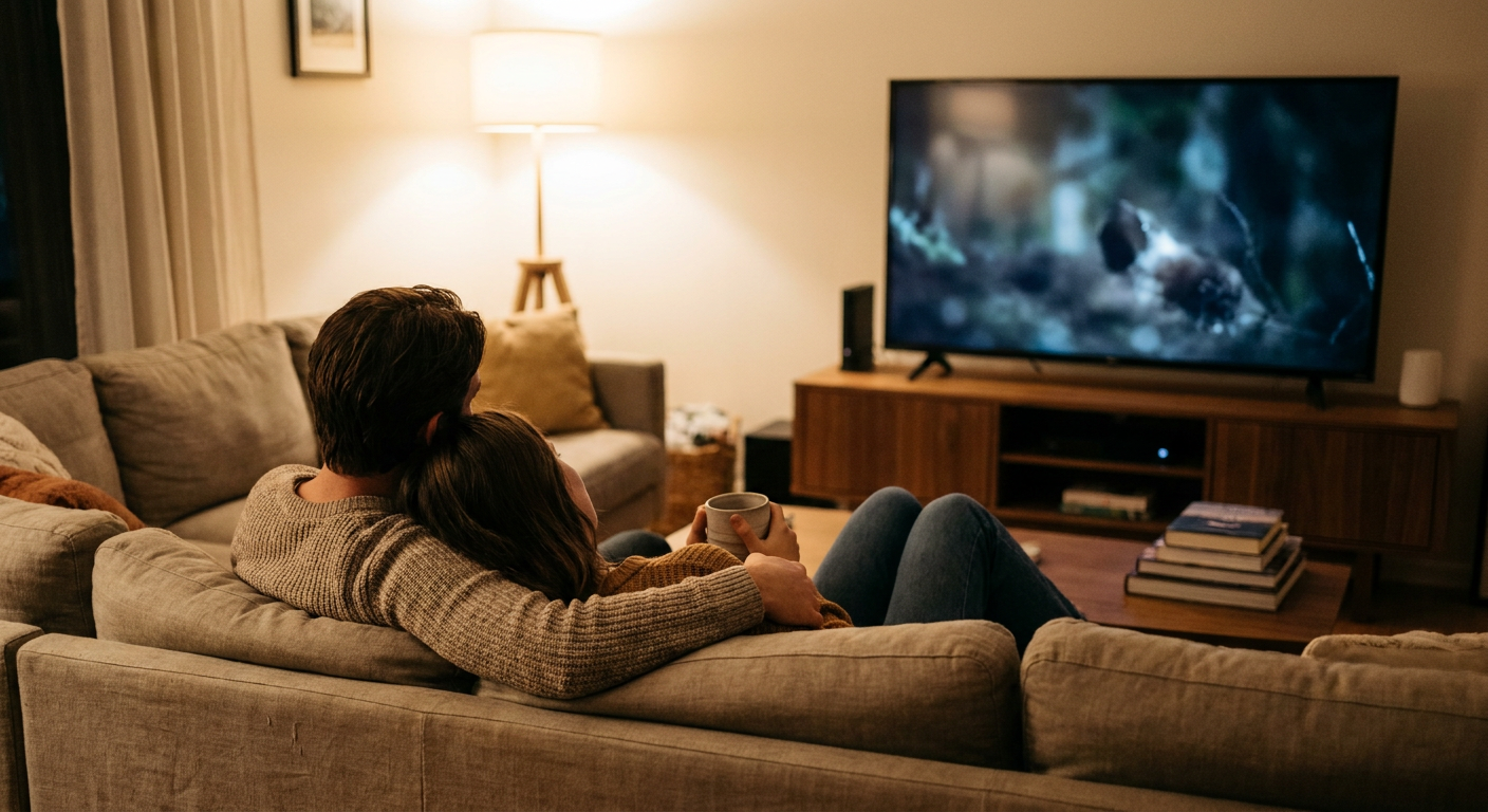 A candid editorial photograph of people watching TV at home, mood loosely