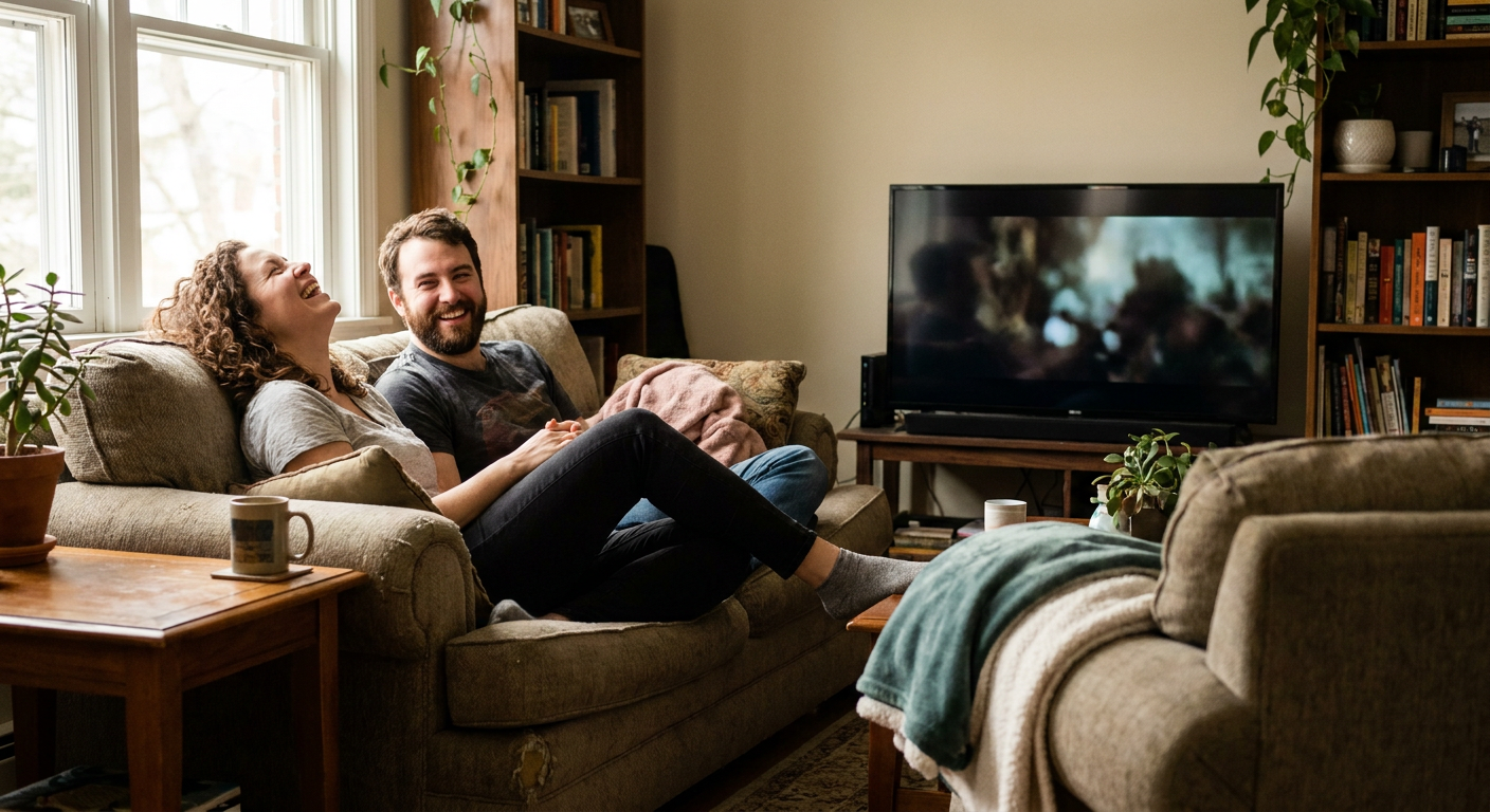 A candid editorial photograph of people watching TV at home, mood loosely