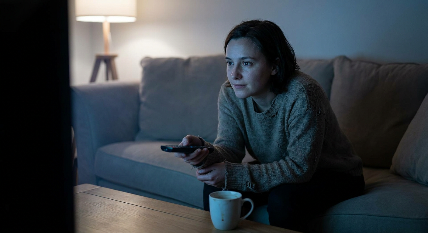 A candid editorial photograph of people watching TV at home, mood loosely
