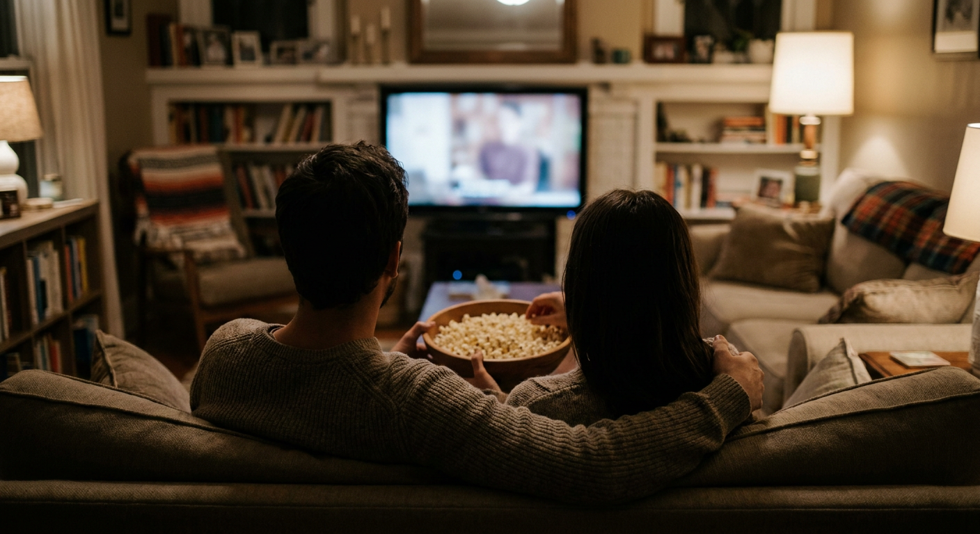 A candid editorial photograph of people watching TV at home, mood loosely