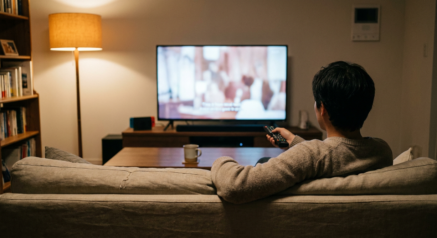 A candid editorial photograph of people watching TV at home, mood loosely