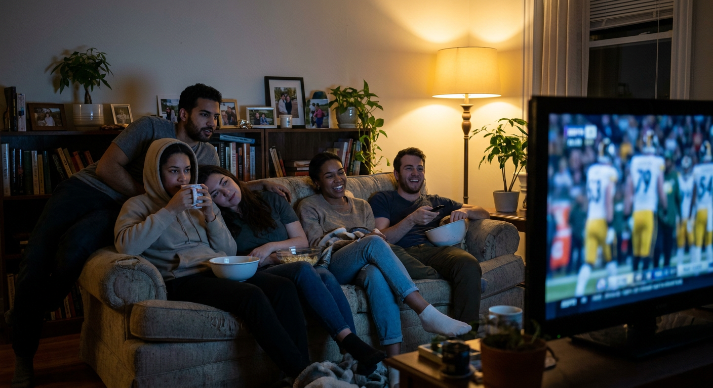 A candid editorial photograph of people watching TV at home, mood loosely