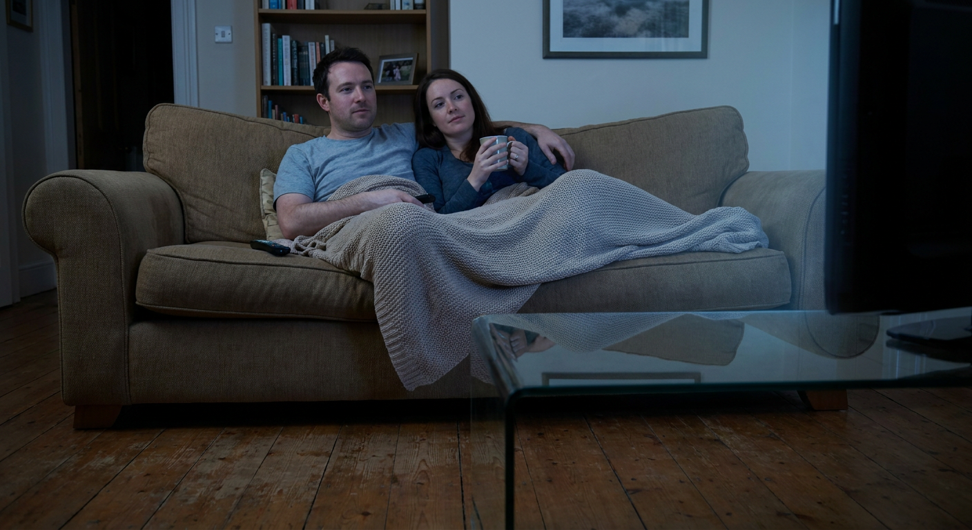 A candid editorial photograph of people watching TV at home, mood loosely
